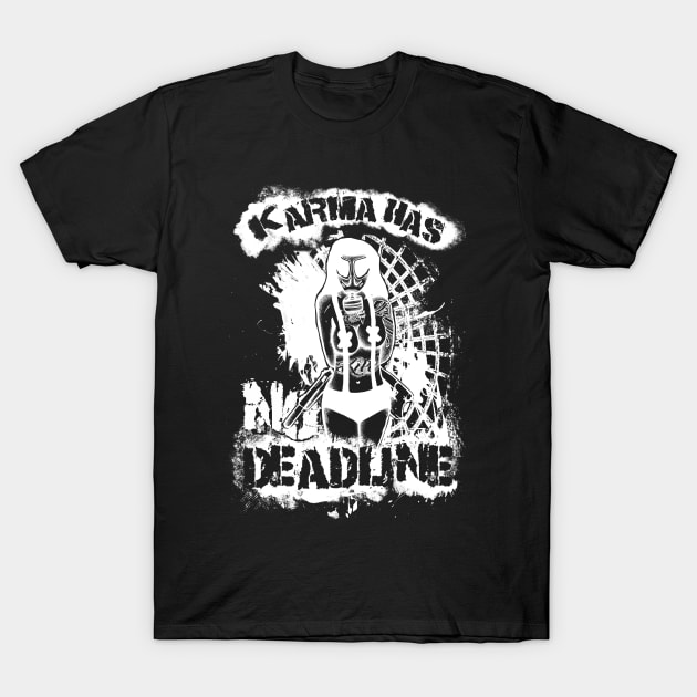 Pin-up Girl with Gasmask, Karma has no Deadline T-Shirt by Lenny241